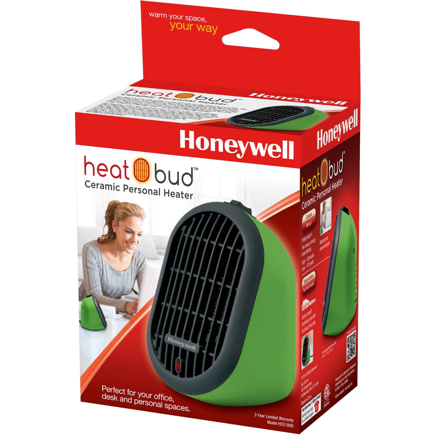 Honeywell Heat Bud Ceramic Personal Heater, Green, HCE100G - Walmart.com