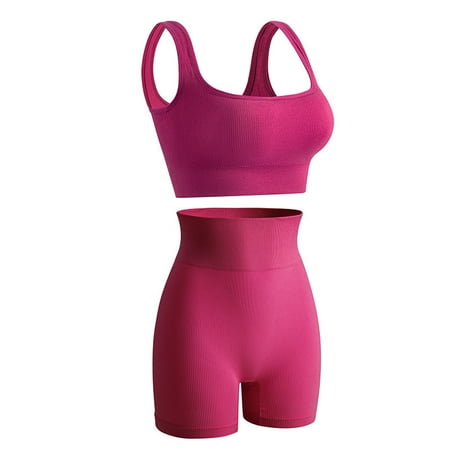 2 Piece Workout Sets for Women Seamless Ribbed High Waist Yoga shorts with Sports Bra Outfits