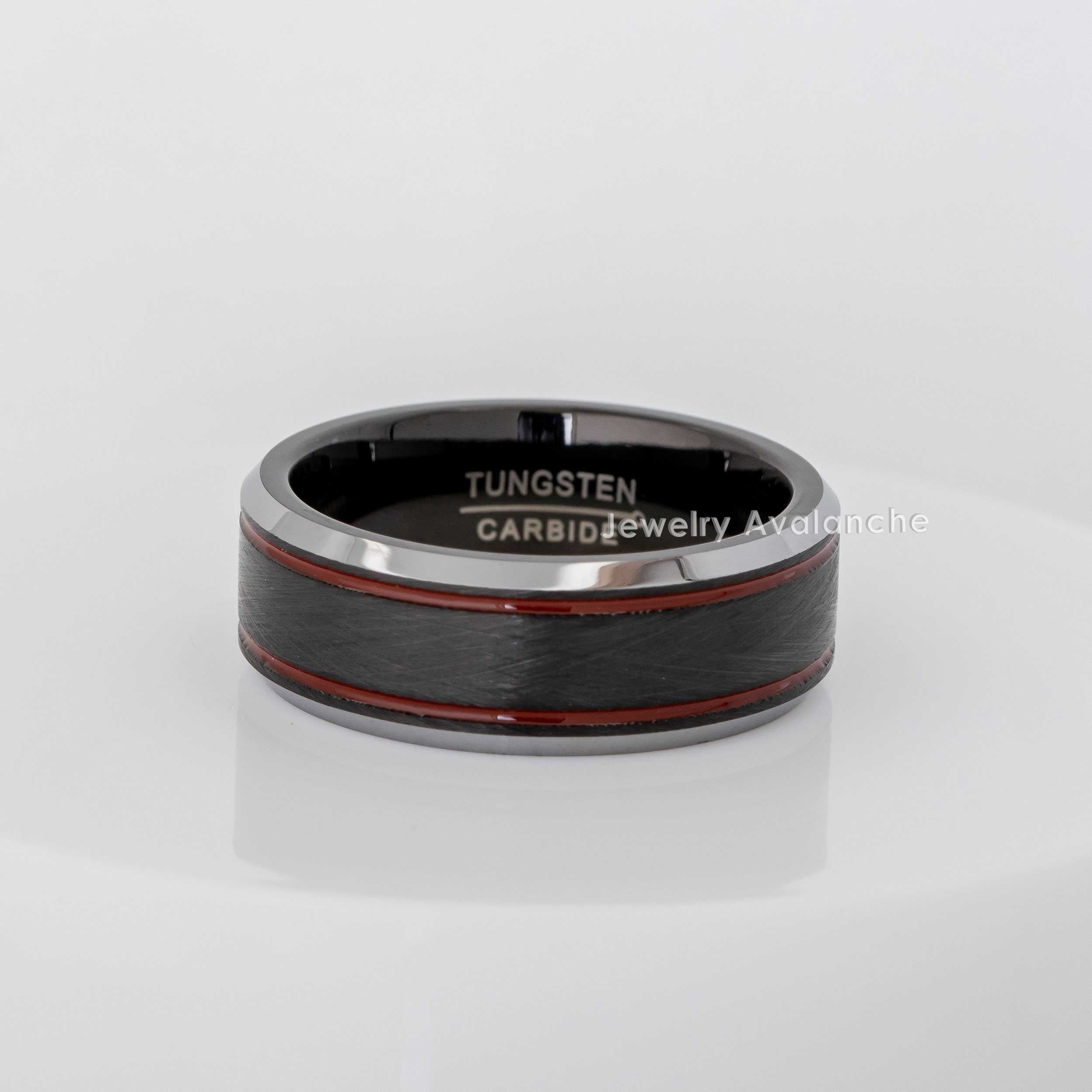 Jewelry Avalanche Double Red Grooved Accent Tungsten Wedding Band for Men, Firefigther Ring, 8MM, size 10