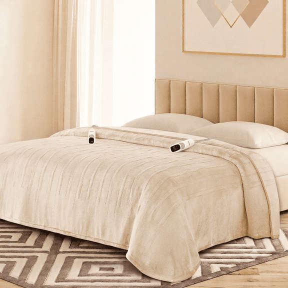 Ocuuziisu Electric Blanket 90" x 100" King Size Heated Blanket, Flannel and Sherpa, 10 Hour Auto-off, 9 Heat Settings, Fast Heating, Machine Washable, Beige