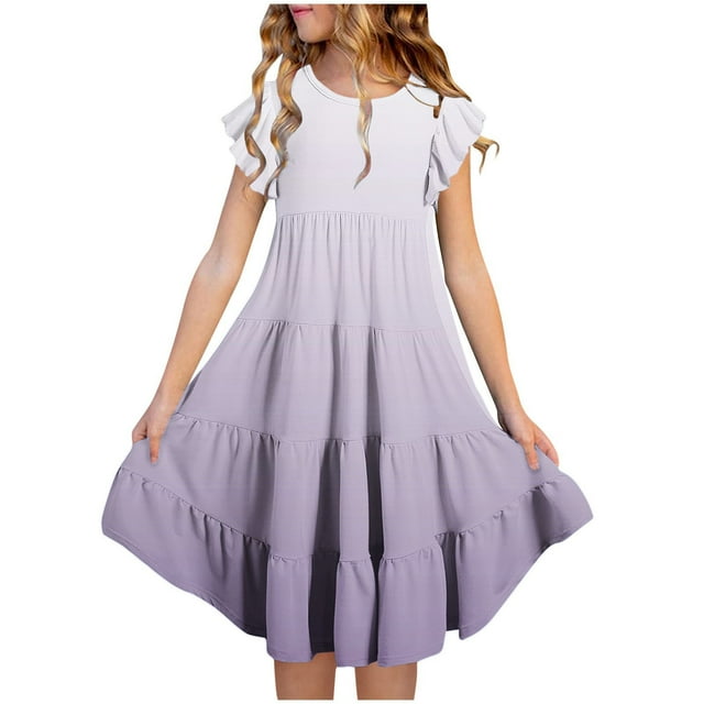 Leodye Robe Fille Coton Manches à Volants à Étages Évasée Ligne A Mignonne Midi Décontractée Robe d'Été Violet 12 Ans