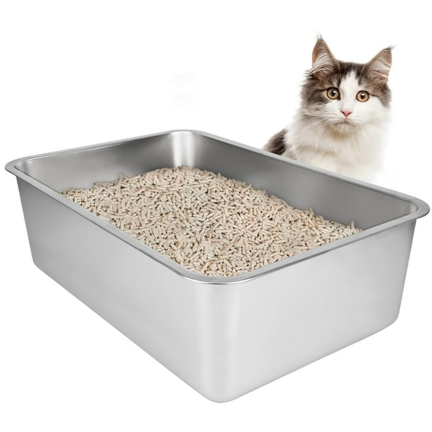 Caja de arena para gatos IKITCHEN de acero inoxidable, grande, 60 x 40 x 20 cm