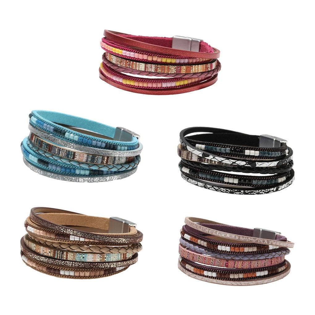 enqiretly Leather Wrap Bracelets Leopard Multi Layer Crystal Beads Crystal Beads Cuff Bracelet Fashion Woven String Magnetic Snap Women Blue Walmart
