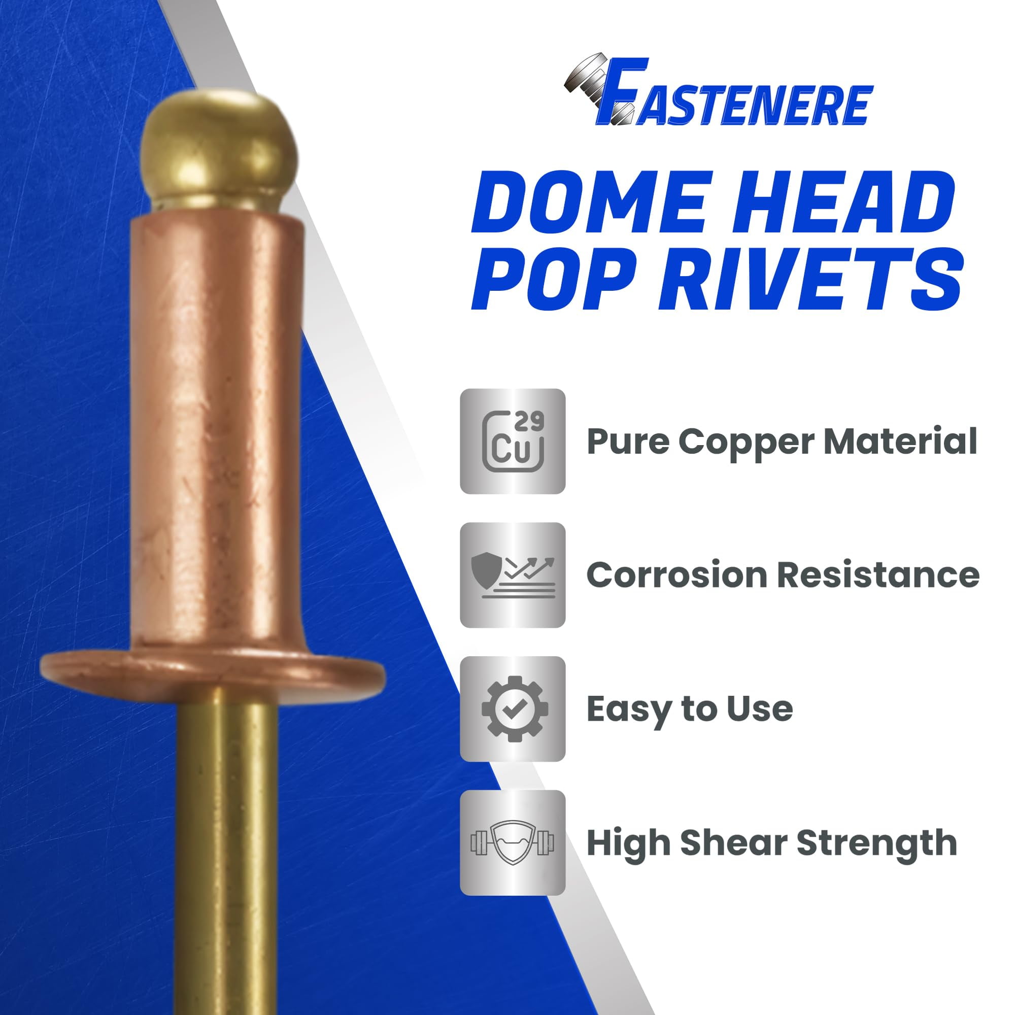 Fastenere Copper Pop Rivets - 1/8" x 3/16" (100 Pack) Copper Body Brass Mandrel, Heavy Duty, Open-End, Dome-Head Blind Rivets, Corrosion-Resistant & High Shear Strength, 4-3 Gap .126" - .187"
