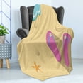 thumbnail image 4 of Flip Flop Soft Flannel Fleece Blanket, Pinky Beach Thong and Starfish on Grainy Looking Sands by the Waves, Cozy Plush for Indoor and Outdoor Use, 60" x 80", Seafoam Pink and Cream, by Ambesonne, 4 of 5