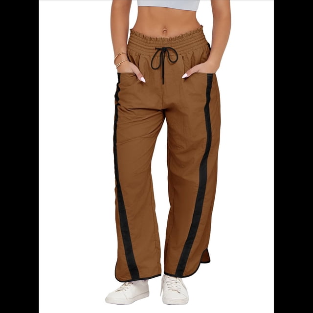 Pantalones Deportivos Holgados de Pierna para Mujer, Informales, con Cordón Ajustable y Cintura Elástica, en Colores Contrastantes, Estilo Y2K. Marrón Oscuro L