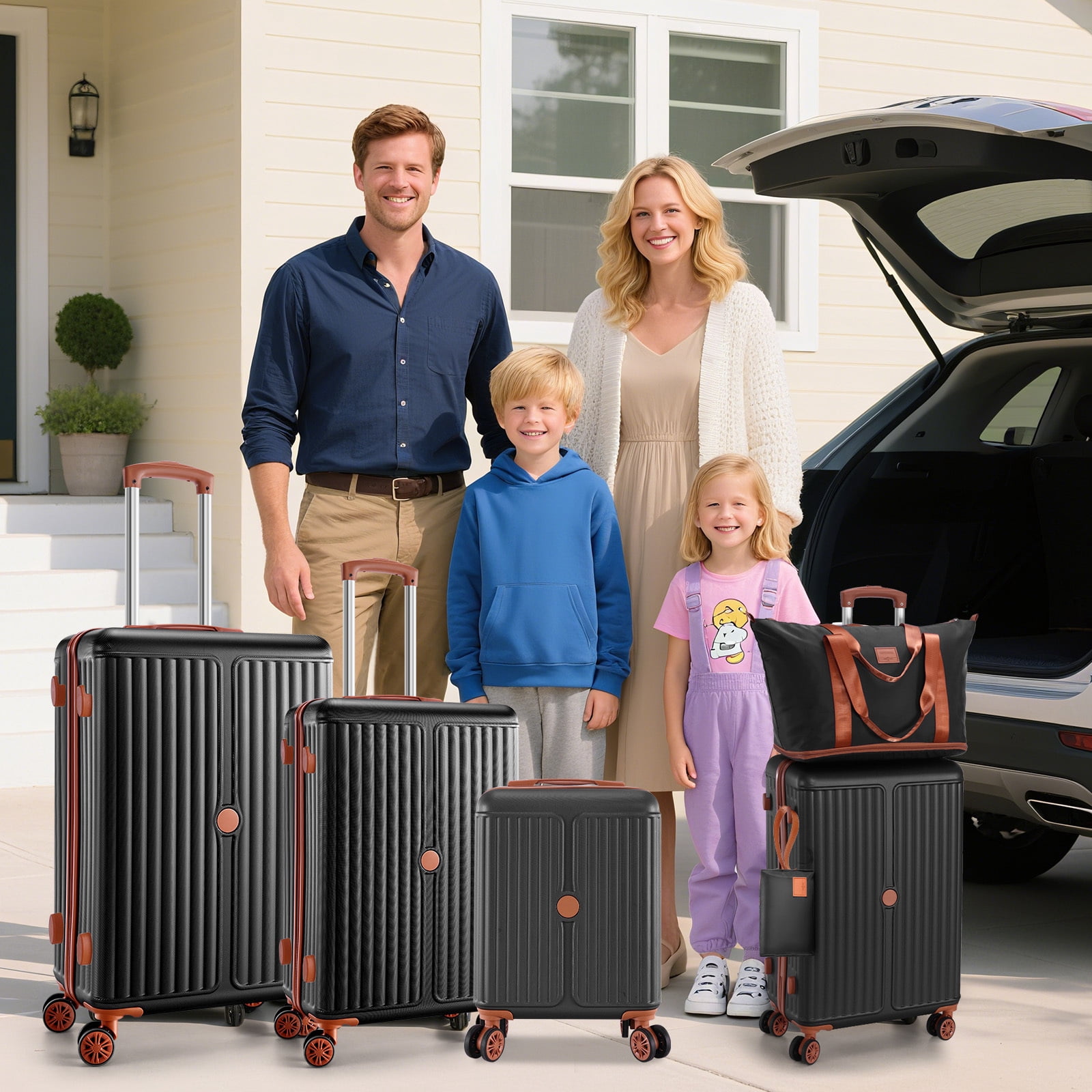 SANOPY 6-Piece Luggage Set with Cosmetic Bag & Duffle, 16” + 20” + 24” + 28” Durable ABS+PC, Smooth-Spinning Wheels & TSA Lock Included