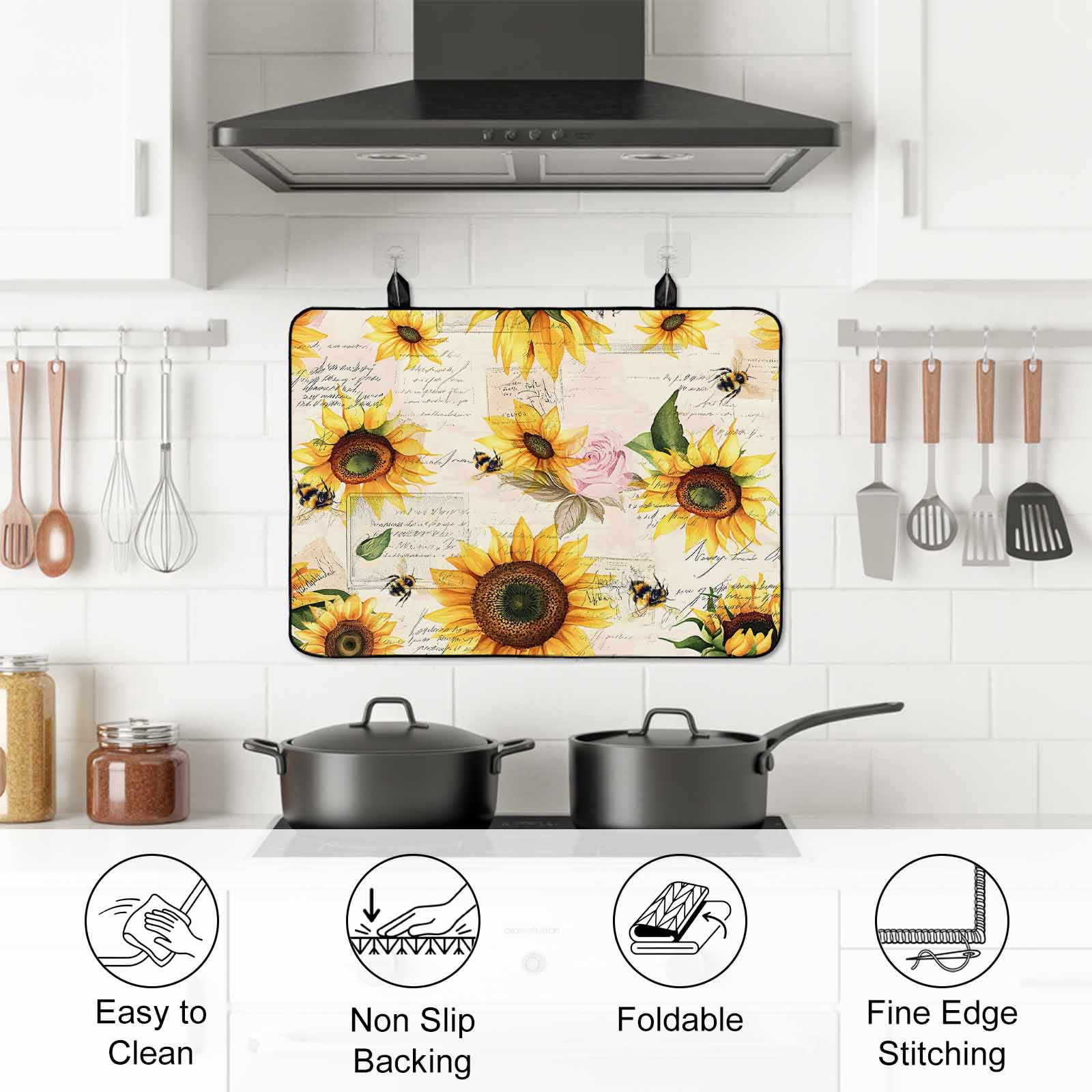 Summer Sunflowers Stove Top Cover for Electric Stove, Heat-proof & Non Slip Glass Top Stove Cover Protector, Pastoral Rose Floral Farmhouse Vintage Kitchen Flat Cooktop Rubber Mat 36x21 Inches