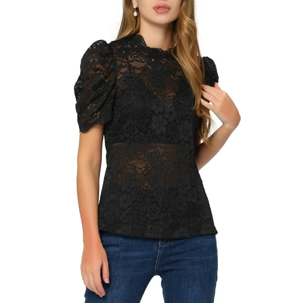 Lace Blouse Mock Neck for Women s Puff Short Sleeves Embroidery