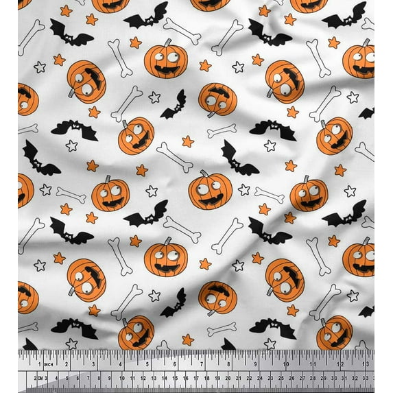 Soimoi Polyester Crepe Fabric Pumpkin,Bone & Bat Halloween Print Sewing Fabric Yard 42 Inch Wide