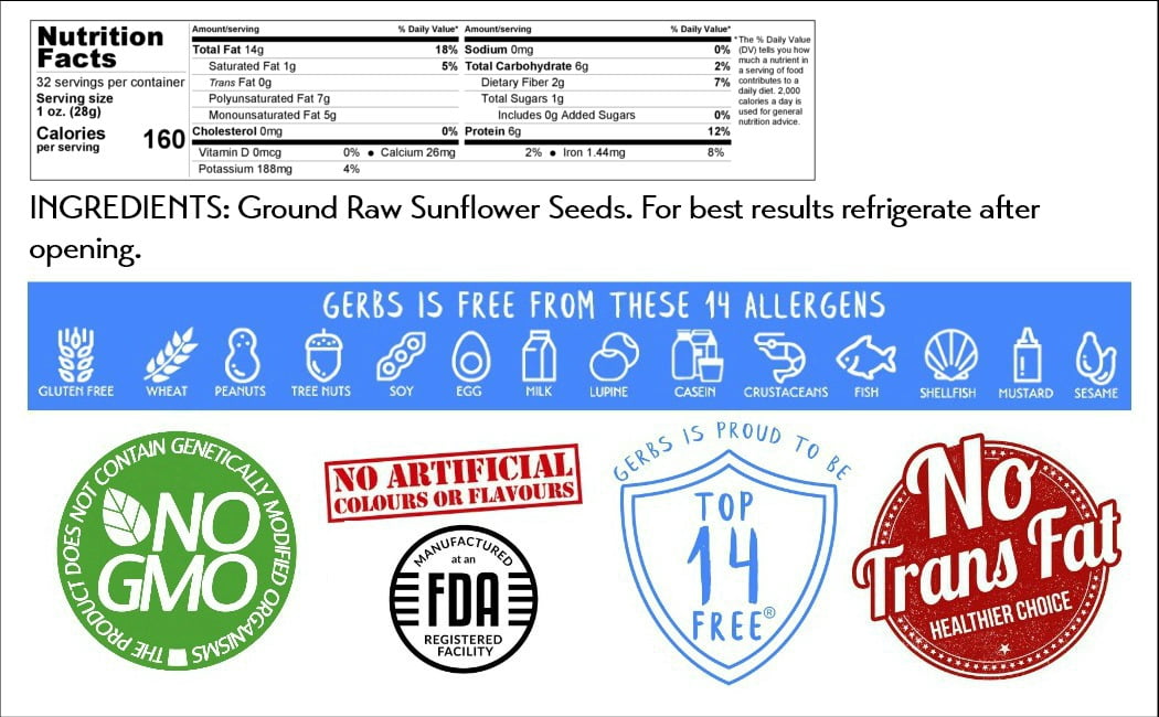 Ground Raw Sunflower Seed Meal By Gerbs - 2 LBS - Top 14 Food Allergen Free & Non GMO - Vegan - Kosher - Full Oil Content