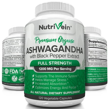 Nutrivein Organic Ashwagandha Capsules 1200mg - 120 Vegan Pills - Black Pepper Extract - 100% Pure Root Powder Supplement - Stress Relief, Anxiety, Immune, Thyroid & Adrenal Support - Mood Enhancer