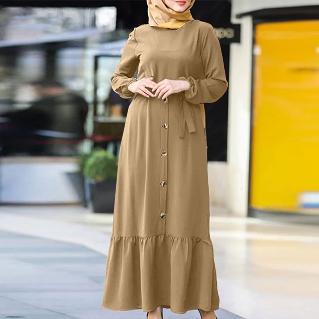 Gspmoly Robe d'Été, Robe pour Femme à la Mode à Col Rond Ample à Manches Longues Unie Longueur Cheville Robe Longue Robes de Cocktail Offres Prime