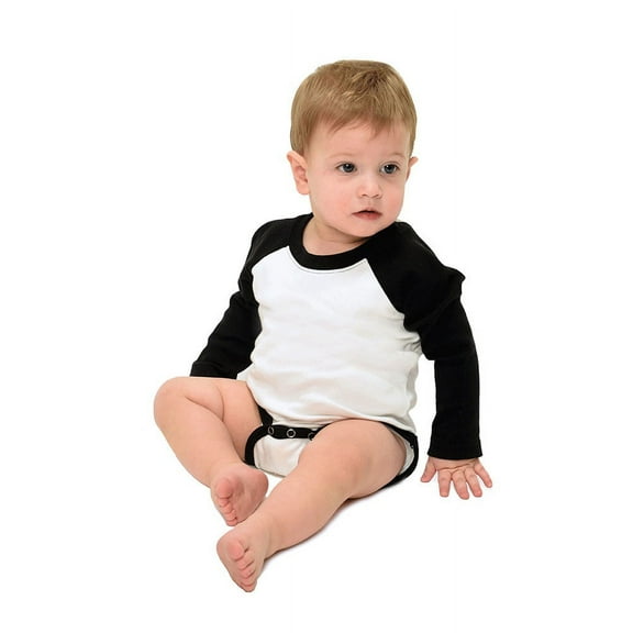 <![CDATA[Interlock Long Sleeve Raglan Bodysuit,  White/Black,  0-3 m]]>