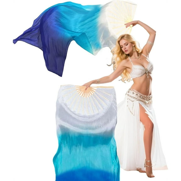 Duslogis Belly Dance Faux Silk Veil Fans, 1 Pair (Left Right) Faux Silk Bamboo Long Fans Veils, Handmade Belly Dance Dancing Silk Fans, Dance Performance (White-Light Blue-Dark Blue)