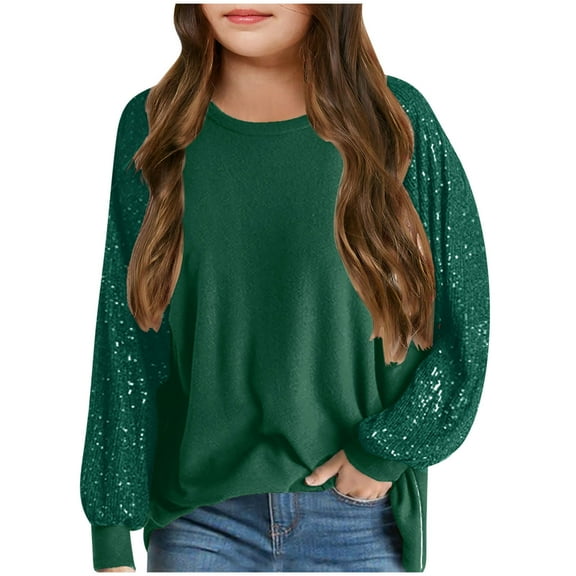 Girls Sequin Tops Kids Fashion Sparkle Long Sleeve Blouses Glitter Crewneck Loose Fit Pullover Shirts 3-14 Years
