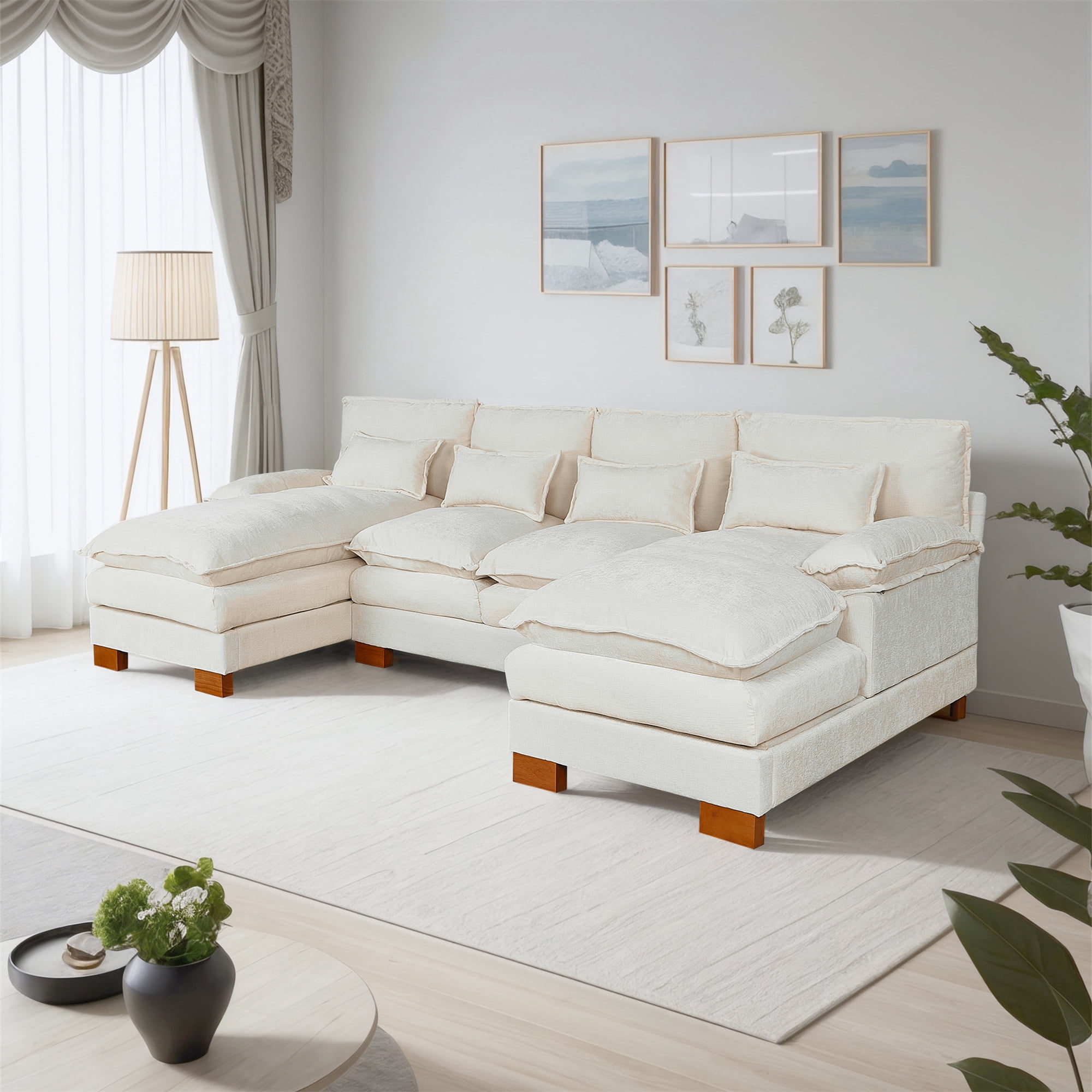 Aukfa 113" Sectional Sofa Couch with 4 Lumbar Pillows&Dual Layer Cushions, Chenille, Beige