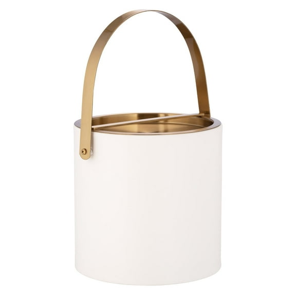 Venetian Collection 3qt Ice Bucket with Brushed Gold Colored Arch Handle & Bridge Cover: White w Leatherette Wrapped Covering. Made by Kraftware in the USA.