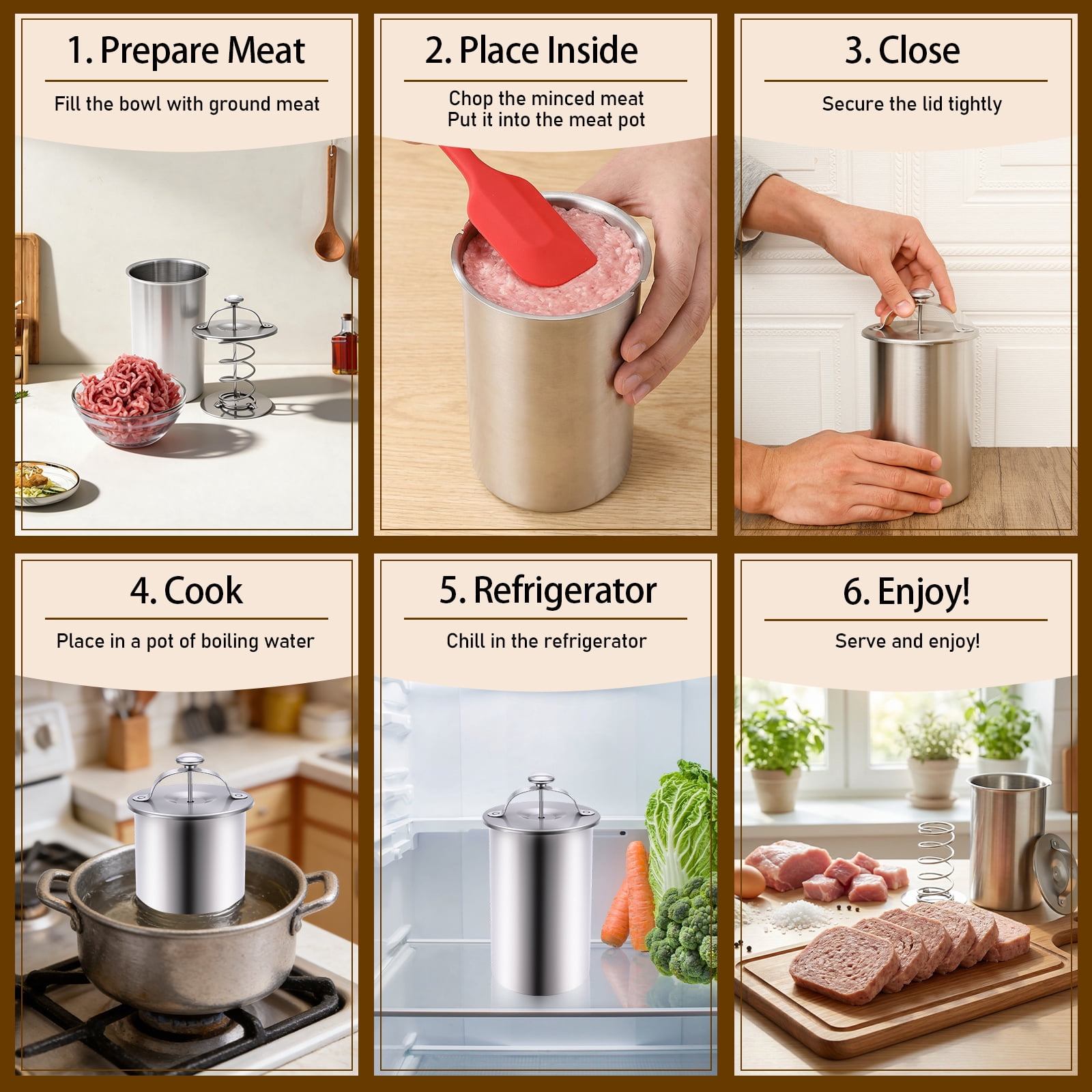 Stainless Steel Meat Press with Thermometer Spring Durable Mechanism Meat Press Mold for Homemade Ham Maker for Healthy Home Cooking Beginner Friendly Silver