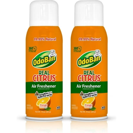 OdoBan Aroma Eliminator, 360-Degree Continuous Spray Natural Oil Real Citrus Air Freshener, Toilet Spray, 2-Pack, 10 Ounces Each, Orange Scent