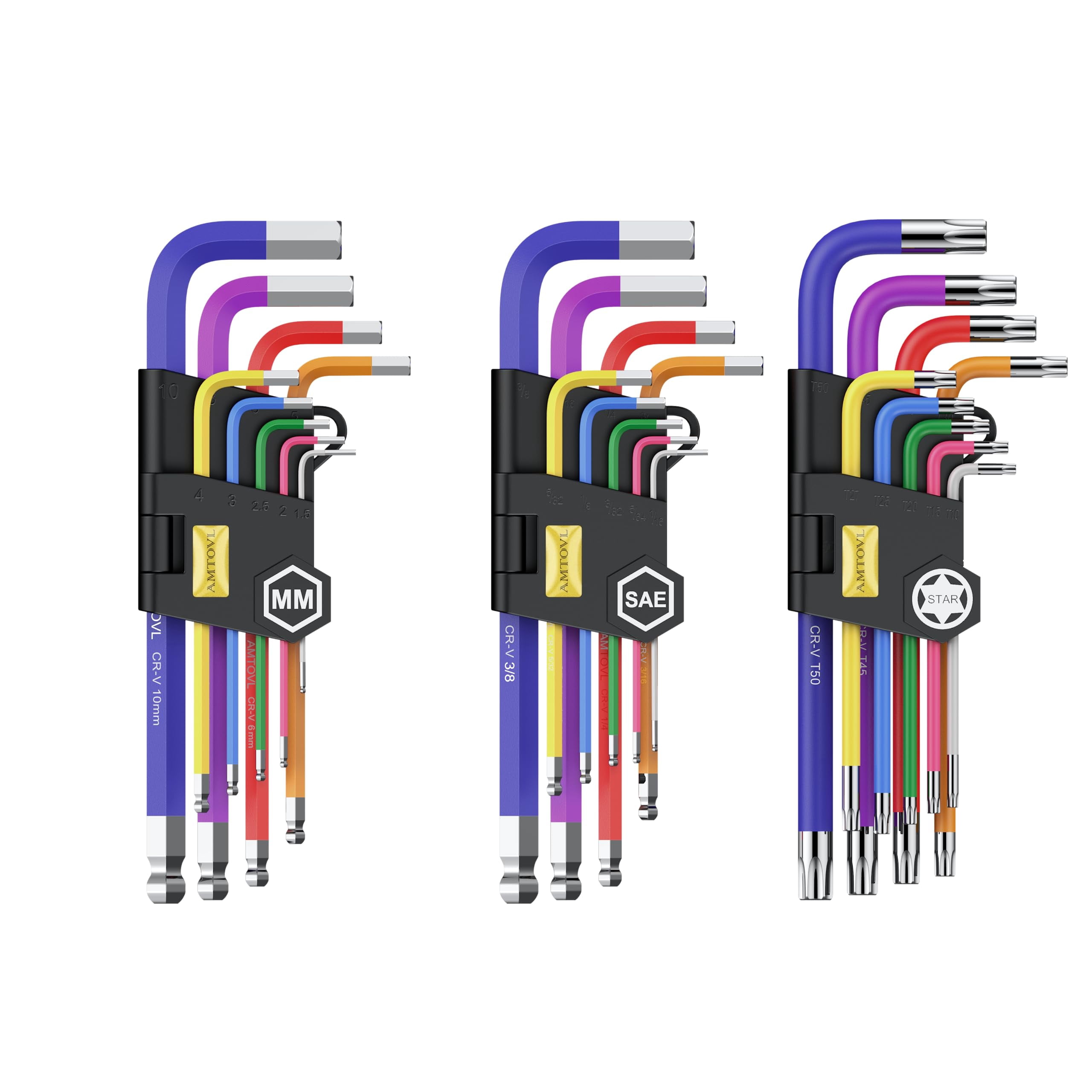 27pcs Allen Key Set  Metric & Sae Wrench Extra Long Ball Star End Hex Keys With T-handle Color Coding For Bicycle Household Diy