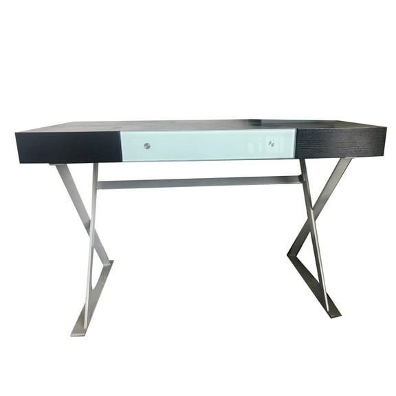 Benjara Hei 48 Inch Office Computer Desk, Drawer, Chrome Metal X Base, Brown Wood