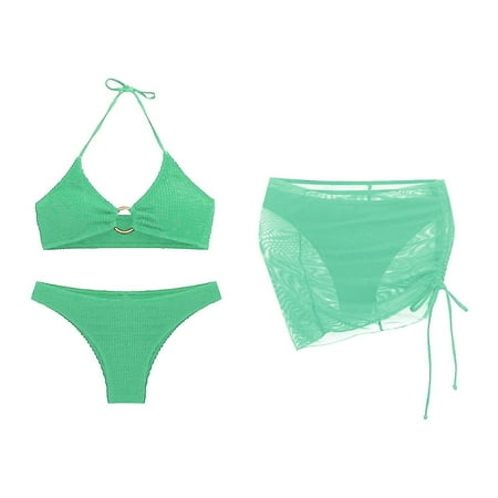 Women s 3 Piece Bathing Suits Halter Ring Bikini Set With Cover Up Skirt Swim Bathing Suit For Women Boy Shorts Swimsuits For Women One Piece Bathing Suits For Women Bathing Suits Cover Up For Women B