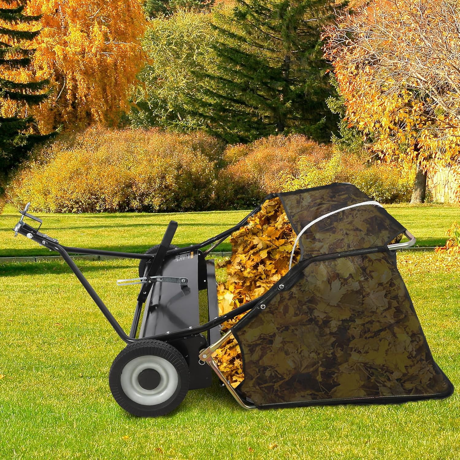 Acekid Tow Behind Lawn Sweeper Large Capacity Heavy Duty Leaf Grass Collector With Adjustable Sweeping Height Dumping Rope Design For Picking Up Debris And Grass Black 42 Inch