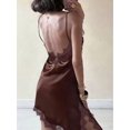 thumbnail image 4 of Brown Satin Lace-Trimmed Asymmetrical Cami Mini Dress With Spaghetti Straps V-Neck Sleeveless Backless Loungewear, 4 of 5