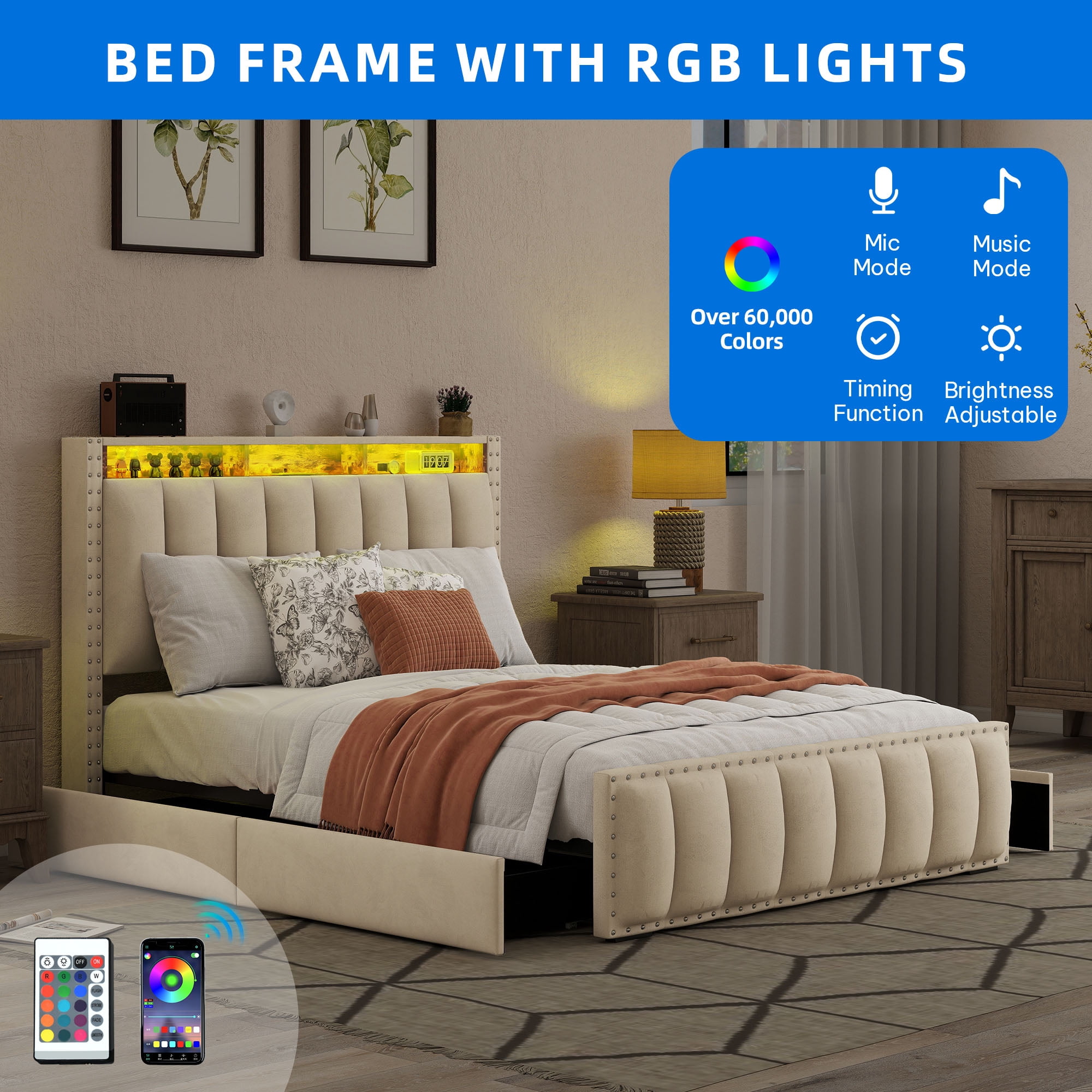 Uforic Full Size LED Upholstered Platform Storage Bed Frame with Drawers and Charging Station, Beige
