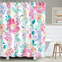 Pink Floral Shower Curtains for Bathroom Flower Shower Curtain Watercolor Girls Shower Curtain Set with Hooks Pretty Colorful Flowered Bathroom Decor, 72" W x 72" H