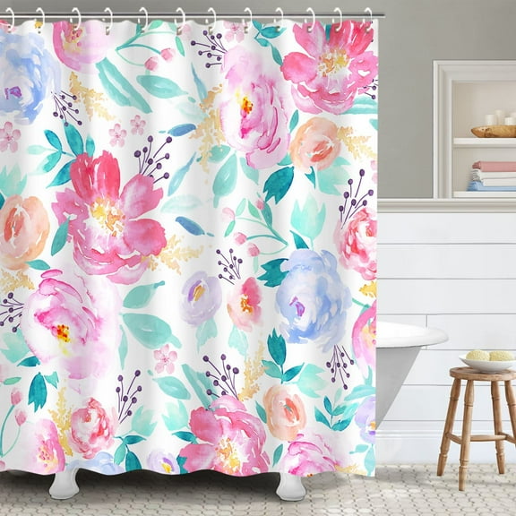Pink Floral Shower Curtains for Bathroom Flower Shower Curtain Watercolor Girls Shower Curtain Set with Hooks Pretty Colorful Flowered Bathroom Decor, 72" W x 72" H