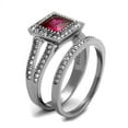 thumbnail image 3 of Red Ruby CZ Stainless Steel Princess Halo Wedding Promise 2 Rings Set 3.2ct, 3 of 5