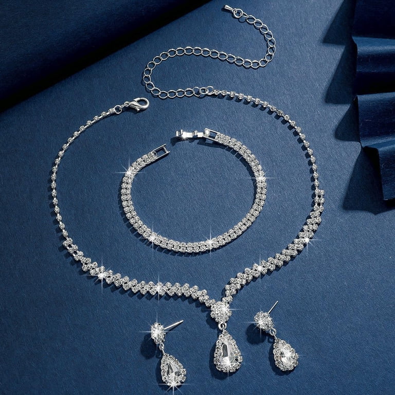 esunarty Silver Jewelry Set for Prom,Elegant Prom Jewelry Set Crystal Rhinestone Necklace Earrings Bracelet Brides Wedding Prom Dresses Costume