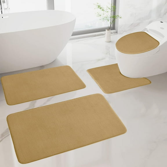 LACKUST Memory Foam Bathroom Rugs Set of 4-Piece - Soft Comfortable Non-Slip Thick Easy to Dry Bath MatsKhaki