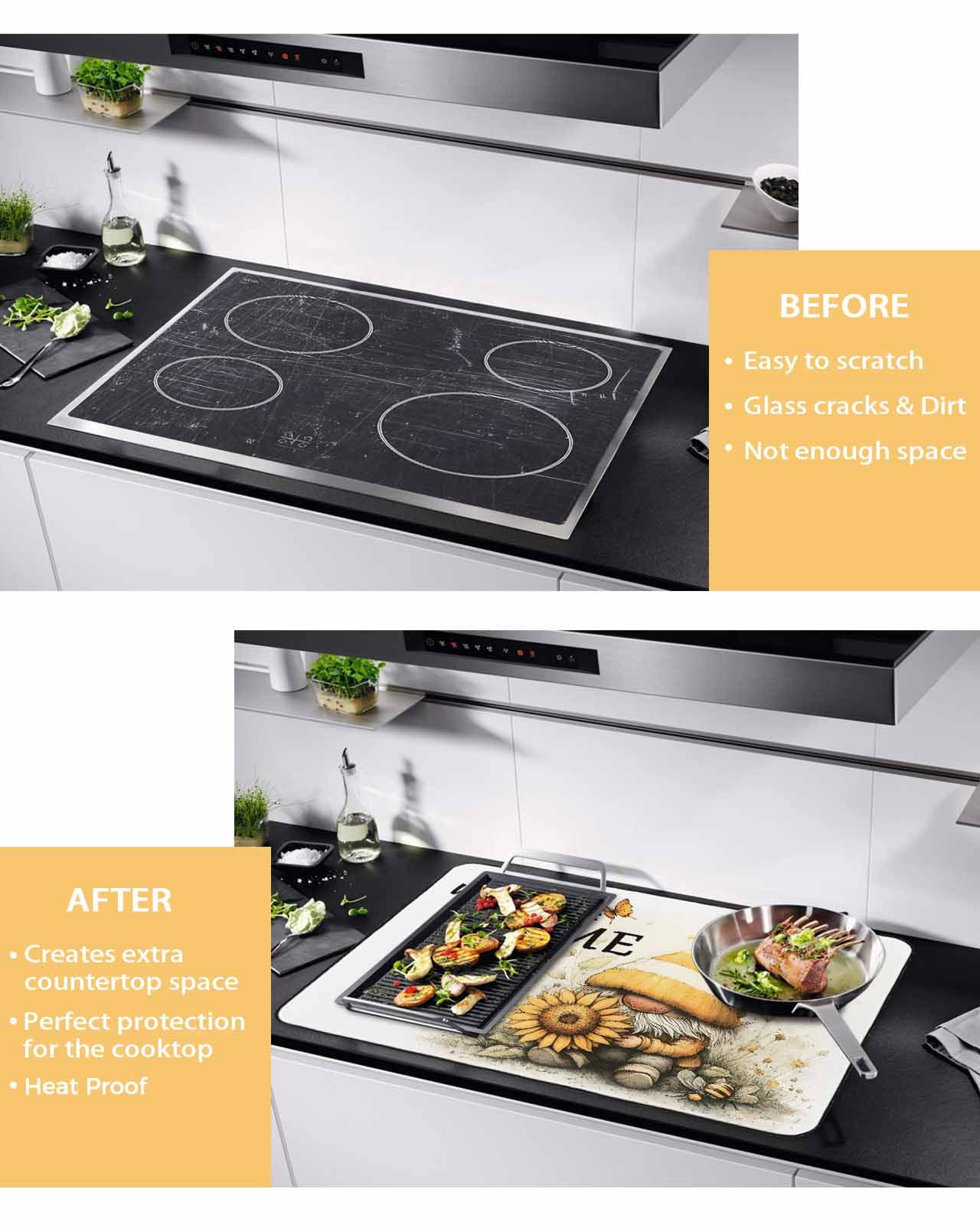 nqOlkjepod Large Induction Cooktop Protector Mat 24"x21", Yellow Gnomes Stove Top Covers for Electric Stove, Sunflower Bee Pastoral Botanical Retro Stove Burner Cover Mats, Glass Top Stove Cover