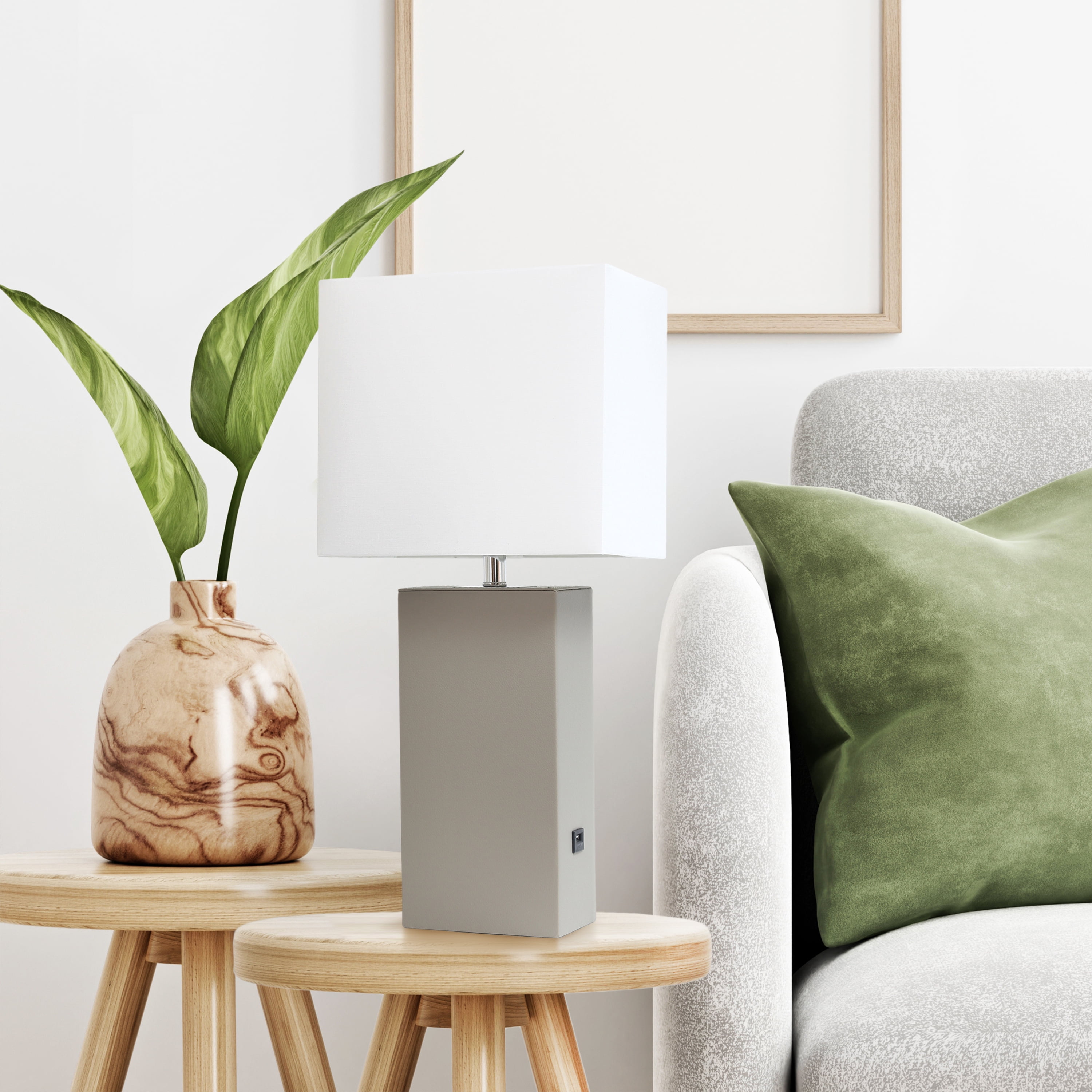 Lalia Home 21" Leather Modern Bedside Table Lamp with USB Port and LED Bulb, Gray