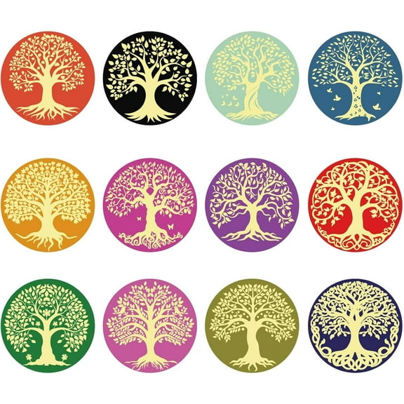 120Pcs 12 Styles Tree of Life Gold Foil Sticker 2In Trees Colorful Stickers Embossing Paster Self Adhesive Round Label