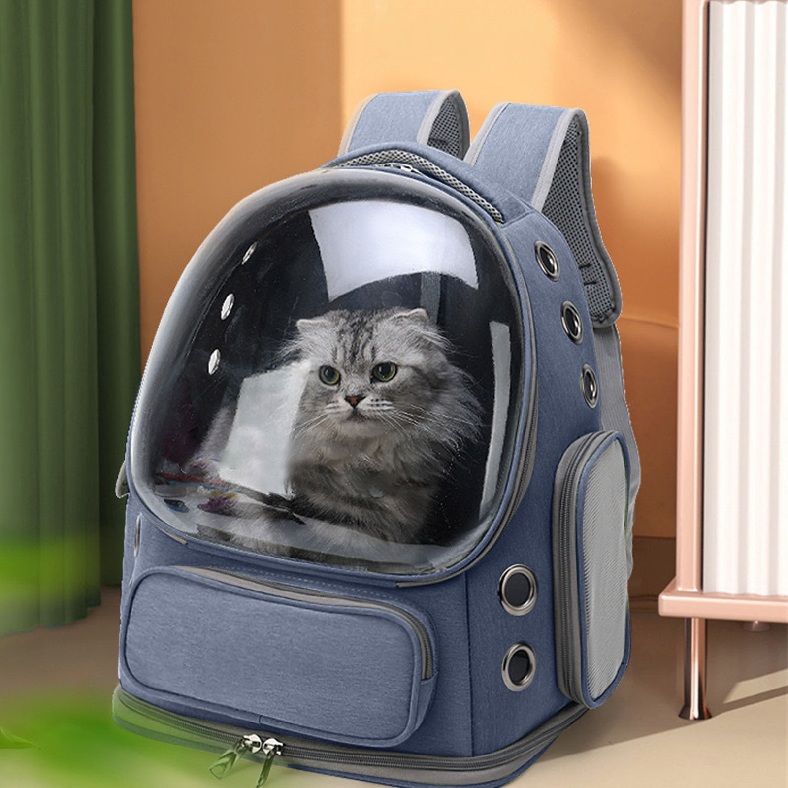 Transparent Cat Backpack Carrier, Breathable Space Capsule Pet Bag, Oxford Cloth Cat Travel Backpack, for Hiking Camping Outdoor Use, Fits Cats Up to 15lbs,Blue