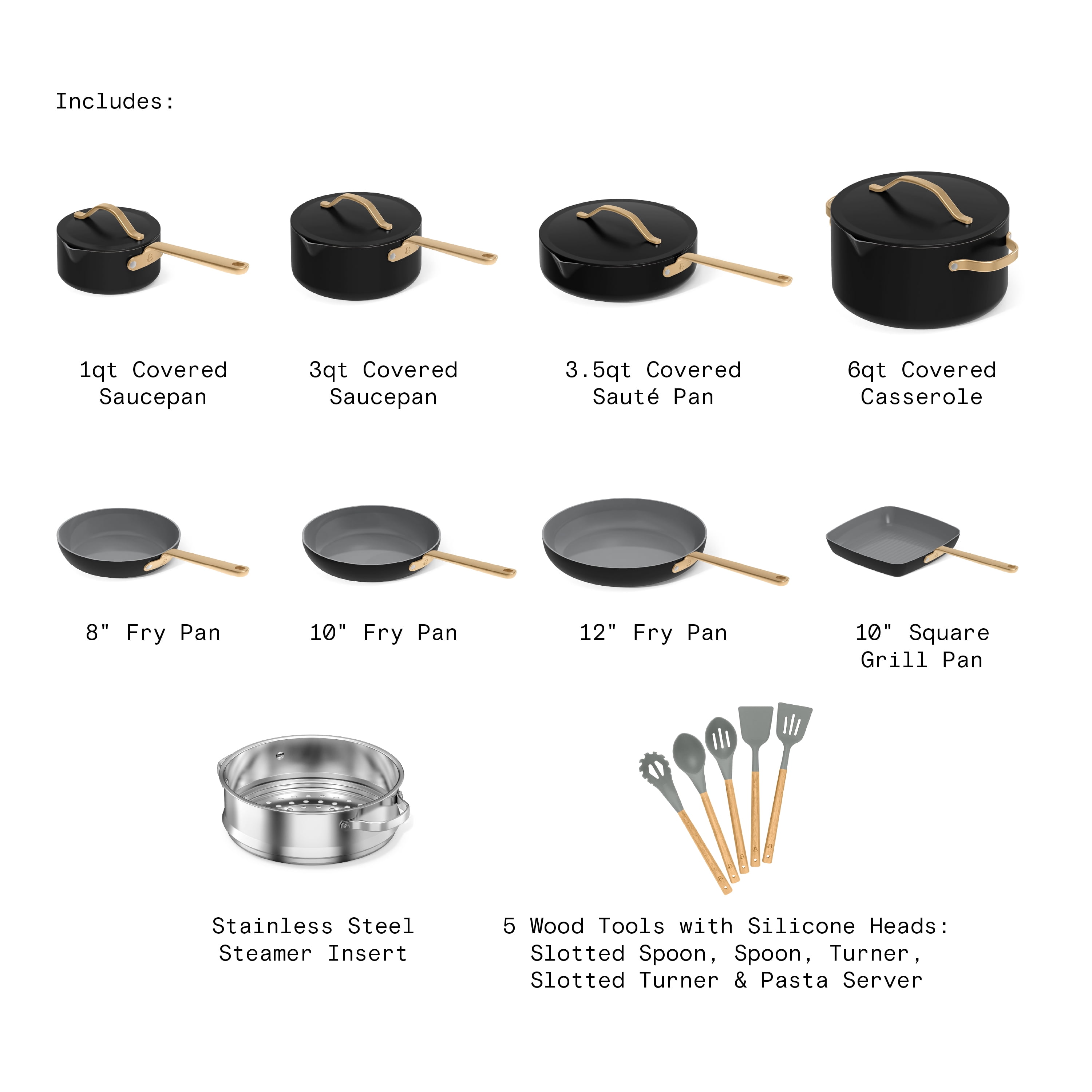 Beautiful 18-Piece Ceramic Nonstick Cookware Set, Pots & Pans with Strainer Lids & Kitchen Utensils, Black Sesame by Drew Barrymore