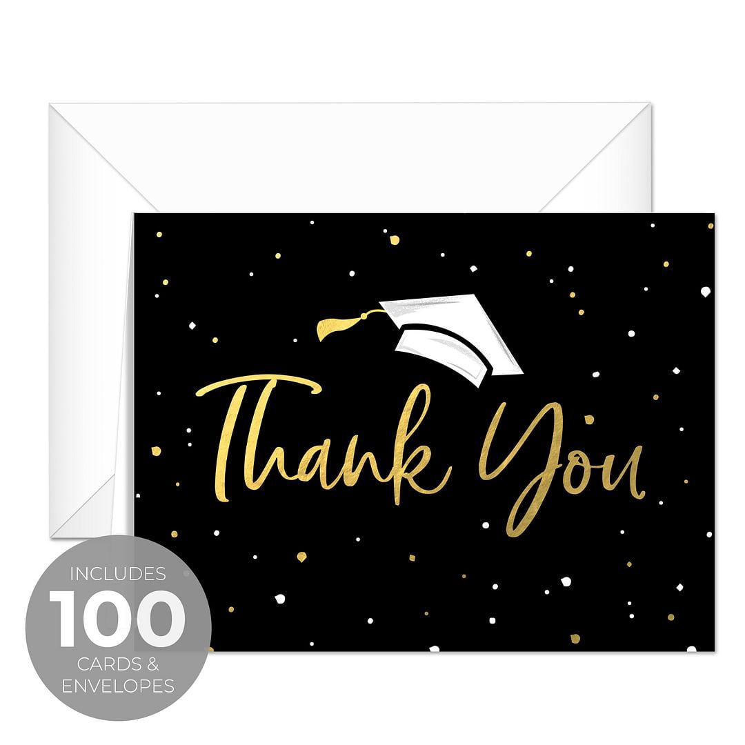 Faux Gold Confetti Graduation Thank You Cards / 100 Bulk Note Cards With White Envelopes / 4 1/4" x 5 1/2" High School College Grad Greeting Cards / Made In The USA