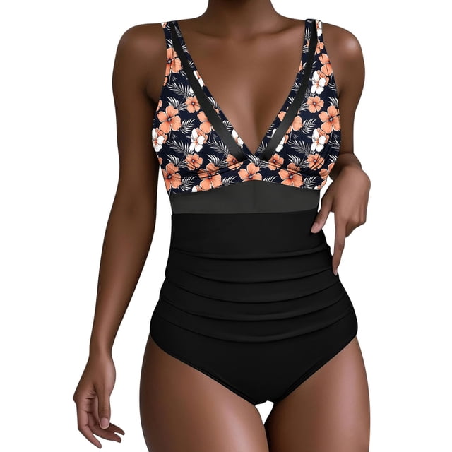 Maillot de Bain pour Femmes avec Imprimé Multicolore, Design Ajusté, Bas avec Jupe Intégrée, Larges Bretelles Réglables, Fente Latérale, Tenue de Piscine et de Plage Toutes Saisons
