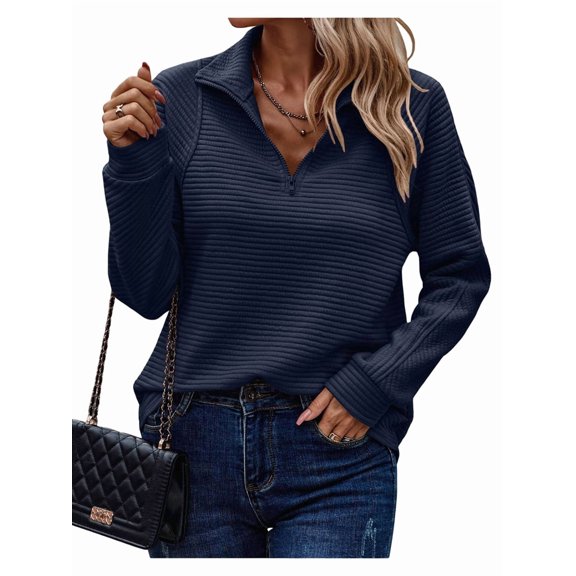 Womens Long Sleeve Quarter Zip Pullover Sweater Casual Loose V Neck Collared Ribbed Knit Jumper Tops Dark Blue L