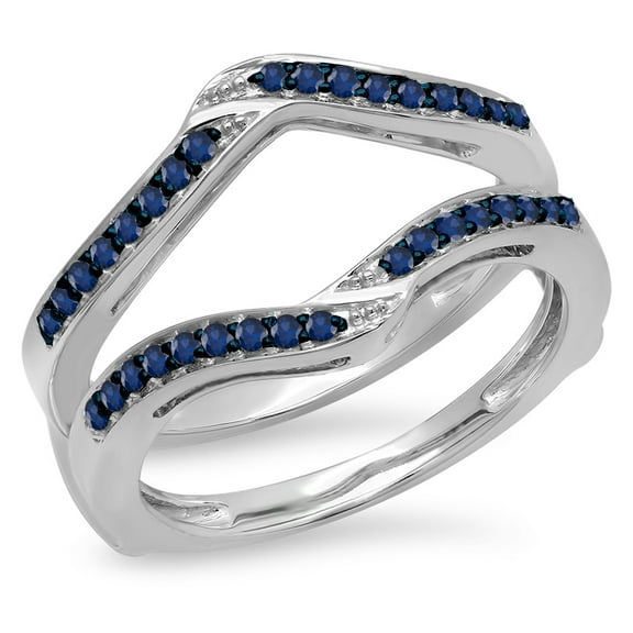 0.30 Carat (ctw) 10K White Gold Round Blue sapphire Ladies Anniversary Wedding Band Enhancer Guard Double Ring 1/3 CT