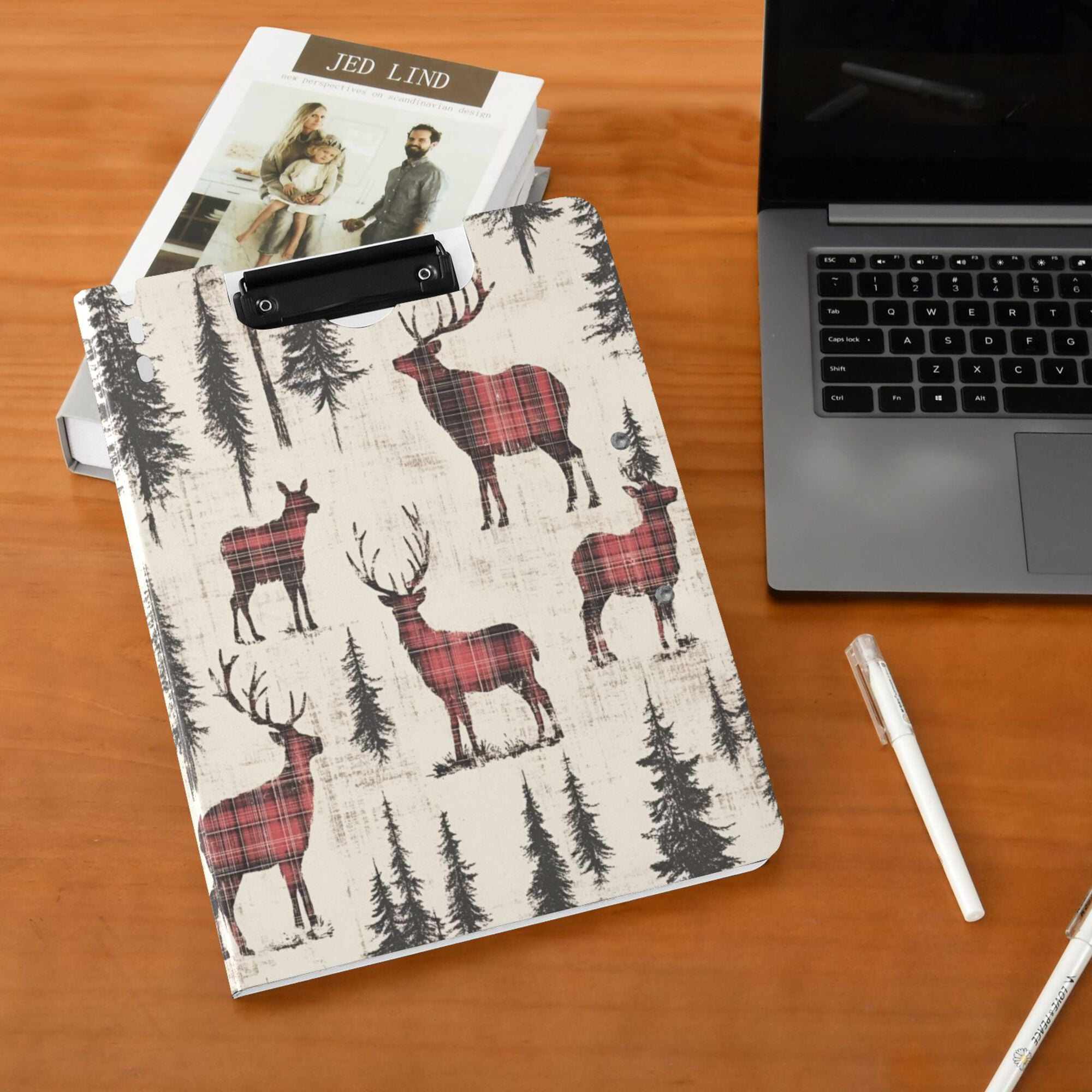 FORMRS A4 Clipboard Folder with Pen Holder Horizontal Foldable School Office Binder, Plaid Deer
