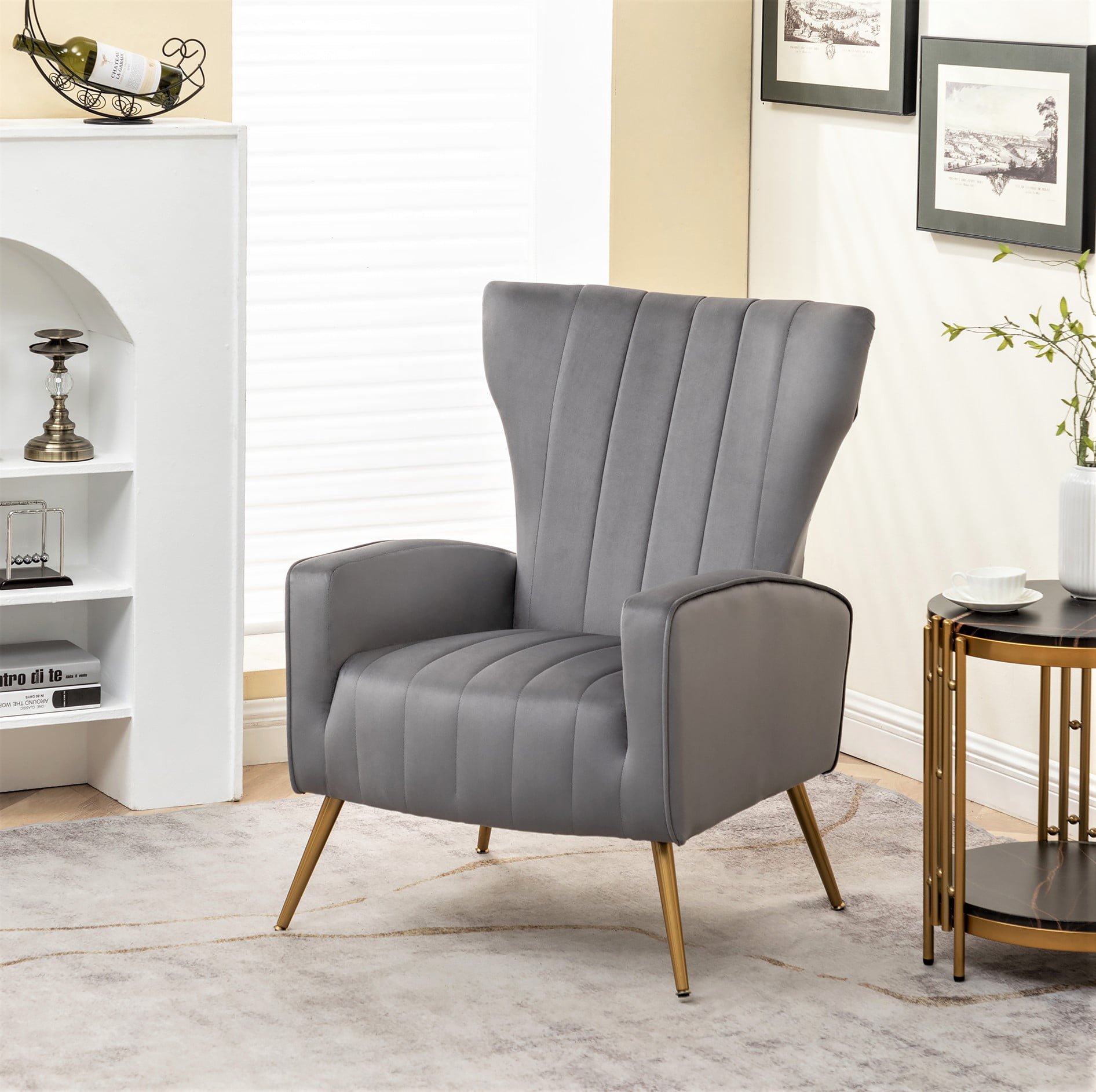 US Pride Furniture Kaleigh 27.56"W Velvet Sofa Chair with Metal Legs, Grey