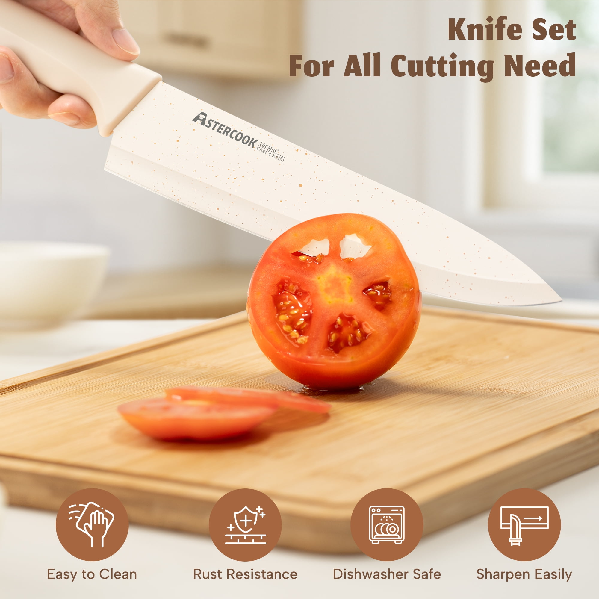 Astercook Knife Set, 17 Pieces Kitchen Knife Sets with Anti-Rust Coating & Built-in Sharpener, High Carbon German Stainless Steel Knives Block Sets, Dishwasher Safe, Perfect Holiday Gifts for Kitchen