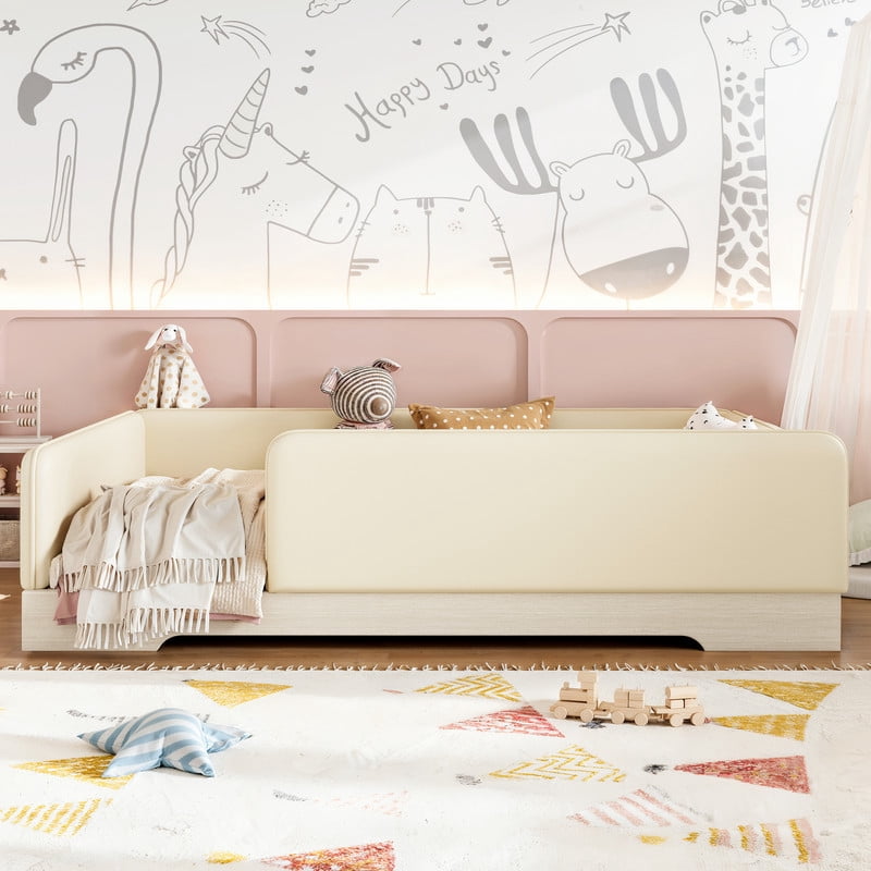 Full Size Faux Leather Upholstered Floor Bed, Kids Montessori Bed Frame with Removable Guardrail, Low Profile Platform Bed