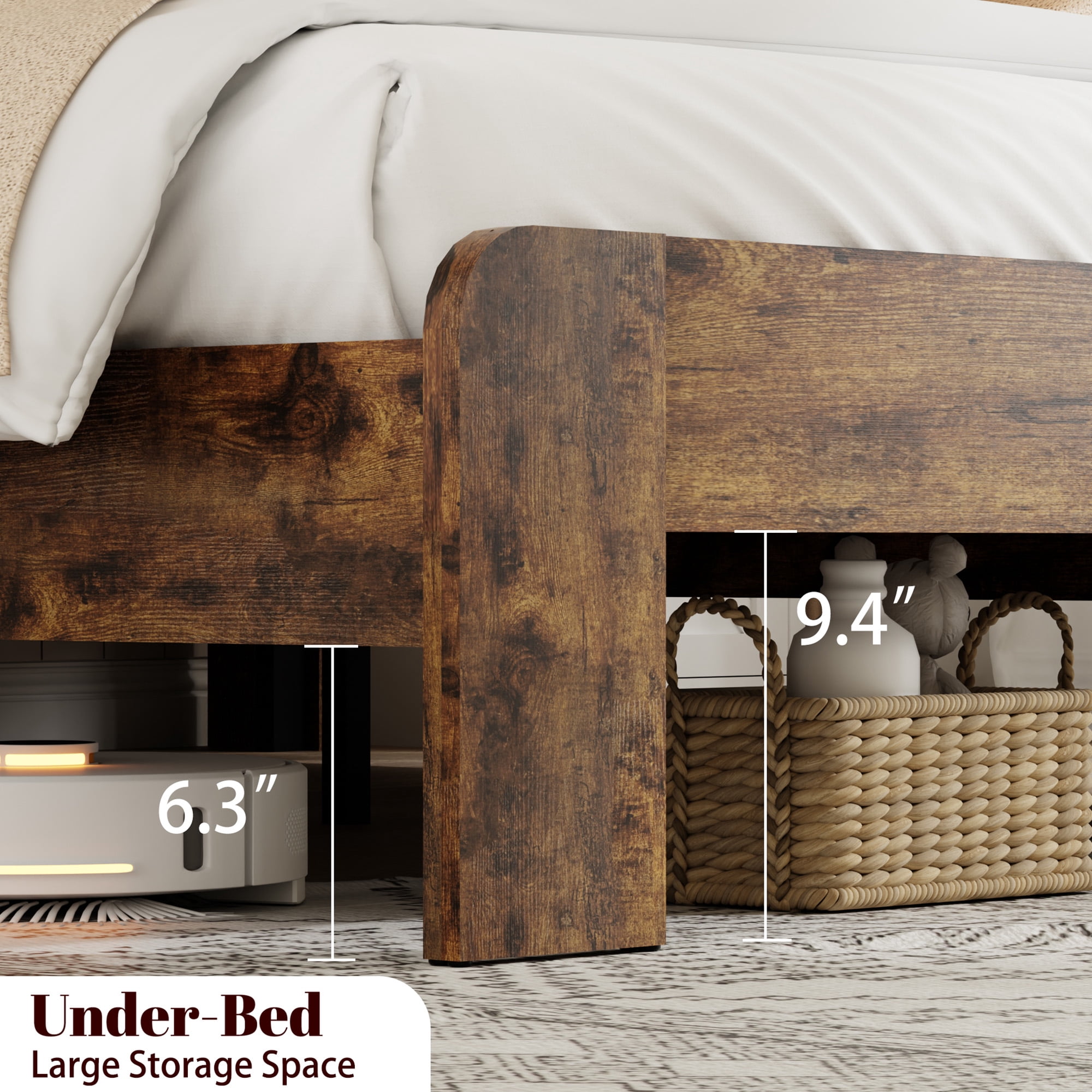 BSHTI Queen Wood Metal Platform Bed Frame with 2-Tier Storage Headboard, LED Light, USB Charging, No Box Spring Needed for Bedroom（Dark Brown）