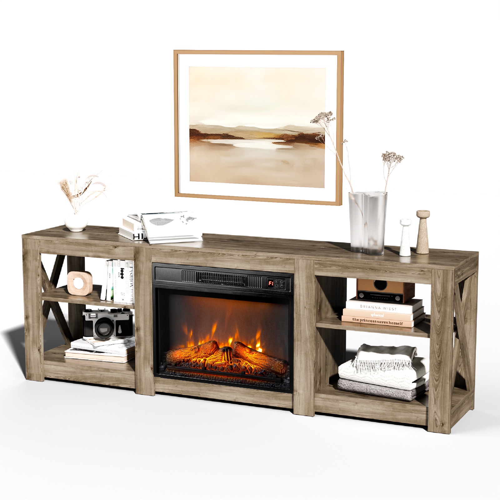 PAPROOS Fireplace TV Stand for 70 Inch TV, Farmhouse TV Stand with 24'' Electric Fireplace, Entertainment Center with Adjustable Shelves, TV Console Table Media Console for Living Room, Vintage Gray